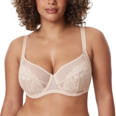 Image of Delimira Women&#039;s Lace Bra Plus Size Full Coverage Underwire Unlined Bras Beige 42DD