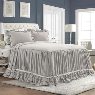 Image of Lush Decor Ella Vintage Chic Ruffle Lace Bedspread Light Gray Farmhouse Style Lightweight 3 Piece Set King, Polyester