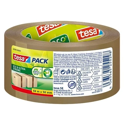 Image of tesapack Eco and Ultra Strong Packing Tape Made from Reprocessed Material Securely Seals Parcels Weighing up to 30 kg 1 Roll, 50m x 50mm