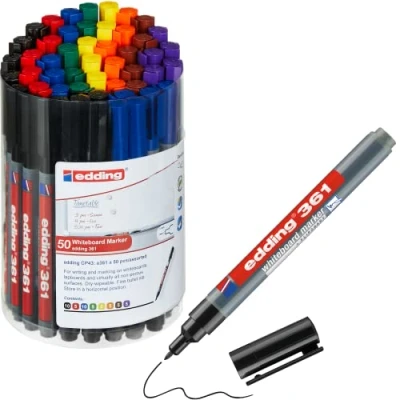 Image of edding 361 whiteboard marker set multi coloured 50 pens round tip 1 mm pen dry wipe for whiteboards, flipcharts, magnetic, memo boards sketchnotes refillable