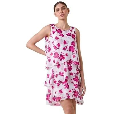 Image of Roman Originals Chiffon Dress for Women UK Ladies Swing Layered Frilled Tiered Mini Short Length 20s Special Occasion Event Cocktail Party Evening Going Out Ivory Size 10