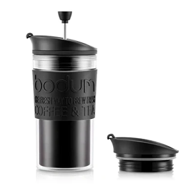 Image of BODUM K11102 01 Travel Press Set Coffee Maker with Extra Lid, 0.35 L/12 oz Black
