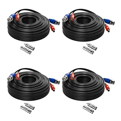 Image of Anlapus 4 Pack 60 Feet (20 Meter) BNC Video DC Power Extension Cable For 720P/1080P/5MP/4K HD CCTV Camera DVR System, Included 4X Connector and RCA Adapter