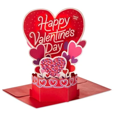 Image of Hallmark Valentines Card, 3D Pop Up, Hearts Scene Design, Musical, Light Day, Red, Pink