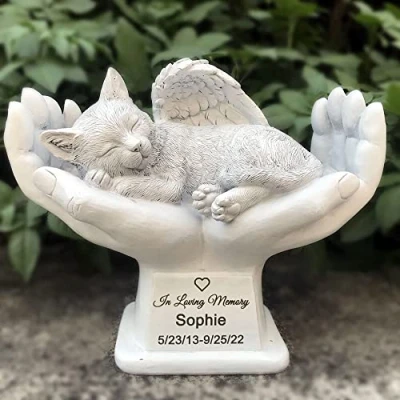 Image of CUDMORERBE Personalized Cat Pet Grave Markers Memorial Angel Statue Stone With In God&#039;S Hands, Headstone Garden Stone，In Loving Memory Of A Lost Gift, 7 Inch(H)