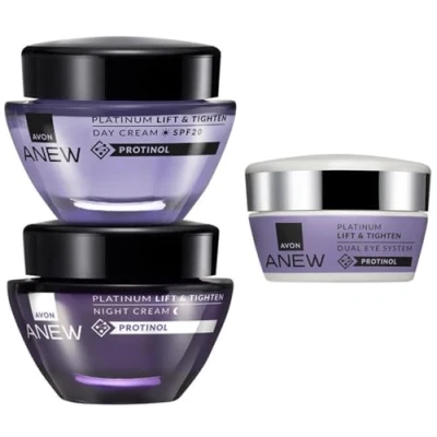 Image of Avon Anew Platinum Lift &amp; Tighten Trio With Protinol™ Technology includes Day Cream SPF20, Night and Dual Eye System