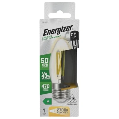 Image of Energizer A Rated LED Elite Candle E27 Filament 470lm 2.2W 2700K Warm White Light Bulb