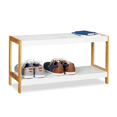 Image of Relaxdays 2 Tier Shoe Rack, Robust Hallway Storage Shelf, Bamboo &amp; MDF, HWD 36.5 x 70 26 cm, White/Natural