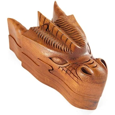 Image of Brave Wings Hand Carved Wooden Box Dragon Head OOAK Unique Figurine Statue Sculpture Gift for Birthdays Christmas Home Decor or Table Decoration 3540