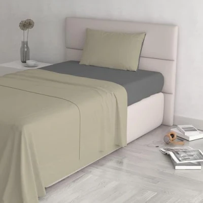 Image of Italian Bed Linen Natural Color Set (Flat 150x300, Fitted Sheet 90x200cm+Pillowcase 52x82cm), Petrol Bottle Green, 100% Cotton, Dove Gray/Smoke, SINGLE