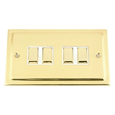 Image of Light Switch 4 Gang Victorian Polished Brass White Insert Metal Rocker 10 Amp 2 Way