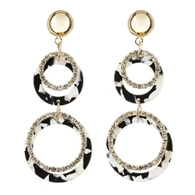 Image of Clip On Earrings Gold Plated Drop Earring With Black And White Acrylic Crystal Rings Edusa