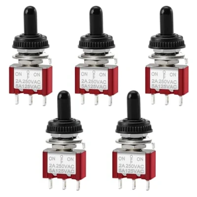 Image of Heschen Mini Momentary Toggle Switch MTS 123, (ON) OFF SPDT, 3 Pin, 2A 250V, 5A 120V, with Waterproof Cover, Pack of 5