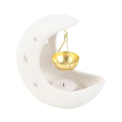 Image of White Crescent Moon Hanging Ceramic Oil Burner with Gold Metal Dish Elegant Aromatherapy Holder for Tranquil Home Ambiance and Decorative Accent