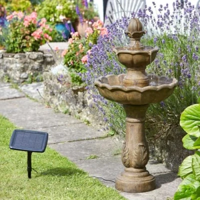 Image of Kingsbury Solar Powered Water Fountain Stone Effect 3 Tier Cascading Outdoor Garden Feature with Battery Backup &amp; Timer Function for Patio, Decking, Lawn, Yard Measures H98 x 48cm Diameter