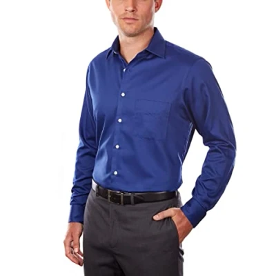 Image of Van Heusen Men&#039;s Dress Shirts Regular Fit Lux Sateen Stretch Solid, Blue Velvet, 17&quot; Neck 32&quot; 33&quot; Sleeve
