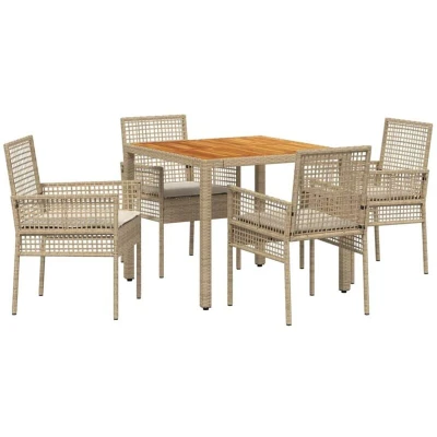 Image of vidaXL 5 Piece Garden Dining Set with Cushions Beige Poly Rattan