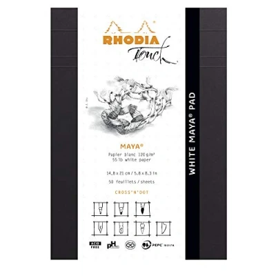 Image of RHODIA TOUCH 116103C White Maya Pad A5 New Ruler Cross&#039;N&#039;Dot 50 Sheets Clairefontaine Paper 120 g/m for Calligraphy and Precise Drawing with Pencil, Liner, Pen