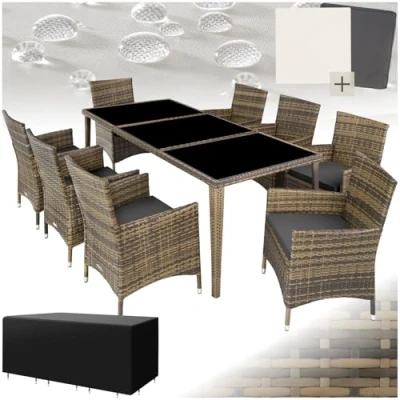 Image of TecTake® Garden Dining Set, Aluminium Frame, Outdoor and Indoor Table Set with 8 Chairs, 1 Real Glass Plate, Includes Removable Cushions Weather Cover natural
