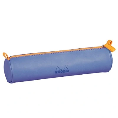 Image of RHODIA 318898C Rhodiarama Saphir Round Pencil Case 21.5 x 5.5 cm Genuine Orange Stitching Ivory Jersey Interior Faux Leather Storage for Pens, Pencils, Markers, Small Supplies