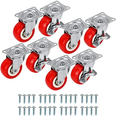 Image of Kurtzy Heavy Duty Swivel Red Casters 8 Pack, 50kg Load, Rubber Wheels, Metal Plates, Locking Brakes Industrial, Furniture, Garage Use
