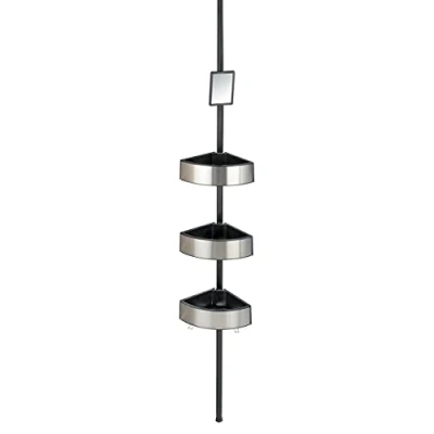 Image of WENKO Telescopic Shower Corner Premium Big Black Bathroom Shelf, Shelf Height Adjustable with 3 Shelves and Mirror, Aluminium, 27.5 x 70 260 20 cm, Satin Finish