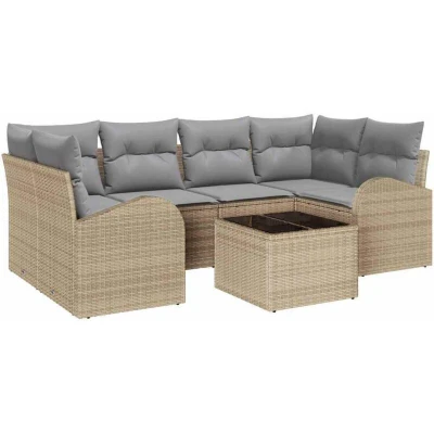 Image of vidaXL 7 Piece Garden Sofa Set with Cushions Beige Poly Rattan