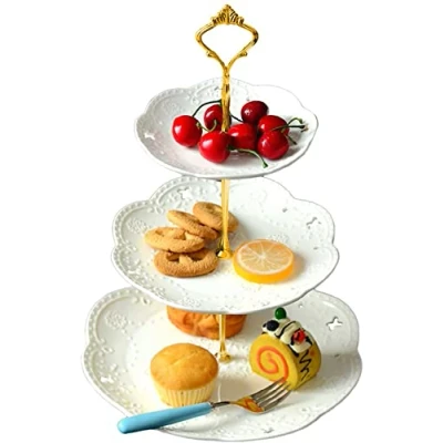 Image of Eplze YBK Tech 3 Tier Porcelain Serving Stand, Cake Stand with Embossed Lace Pattern (White, Gold rod)