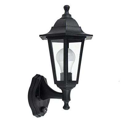 Image of MiniSun Pair of Traditional Style Black Outdoor Security PIR Motion Sensor IP44 Rated Wall Light Lanterns Complete with 10w LED GLS Bulbs [3000K Warm White]