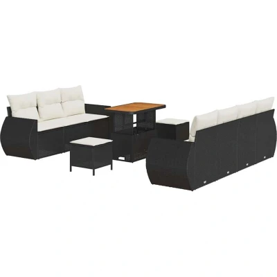 Image of vidaXL 10 Piece Garden Sofa Set with Cushions Black Poly Rattan Acacia