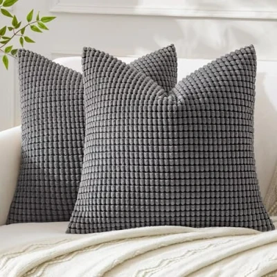 Image of MIULEE Set of 2 Decorative Corduroy Grey Cushion Covers 16x16 Inches, 40cm x Striped Solid Square Throw Pillow Cases for Sofa Couch Home Bedroom
