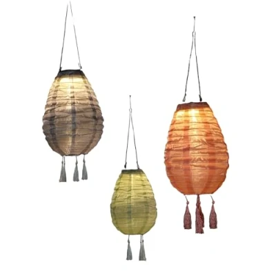 Image of NOMA Solar Mandarin Lantern, Small Oval with Tassels, 20 cm Colour May Vary (Pack of 1), Grey/Light Green/Rose