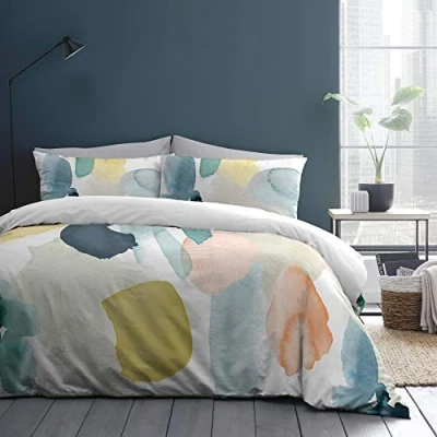 Image of Appletree White Watercolour Duvet Cover Super King Bedding Size (260 x 220cm) Plain &amp; Rainbow Paint 100% Cotton Reversible Design Dye Solice Collection