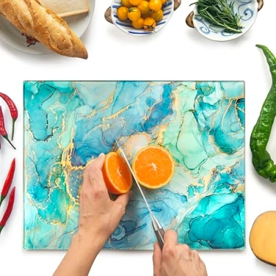Image of Glass Chopping Board 40x30cm : Worktop Saver for Kitchens Durable, Hygienic Savers Scratch Resistant, Heat Proof, Easy Clean Turquoise Ocean