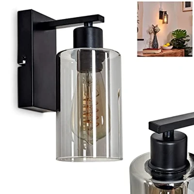 Image of Wall Light Hunouri, Made of Metal in Black and Glass, Vintage Look Indoor lamp with Smoked Glass lampshade, 1 Flame, x E27, Without Bulb