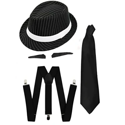 Image of Adults Gangster Fancy Dress Costume 1920s Mob Boss Black Pinstripe Trilby Hat + Tash Tie Braces