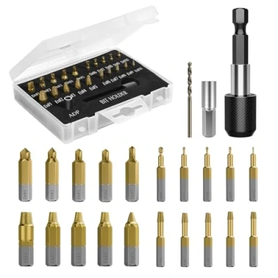 Image of Nuovoware Damaged Screw Extractor Set, 22 PCS Easy Out Stripped Kit, All purpose HSS Broken Remover Set with Magnetic Extension Bit Holder &amp; Socket Adapter, Gold