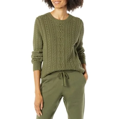 Image of Amazon Essentials Women&#039;s Fisherman Cable Long Sleeved Crewneck Sweater (Available in Plus Size), Olive, M