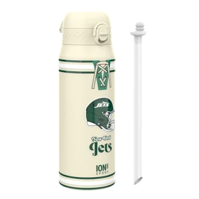 Image of Ion8 NFL Jets Sports Thermal water Bottle with Removable Straw, 750ml/24oz, Leak proof Vacuum Insulated Drinking Bottle, Easy to Open, Secure Lock, Dishwasher Safe, Flip Cover, Metal