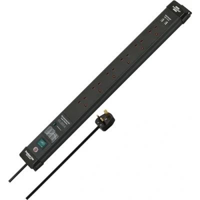 Image of Brennenstuhl Premium Line, 6 way extension lead with surge protection 60.000 A (USB charger and 3m cable) black