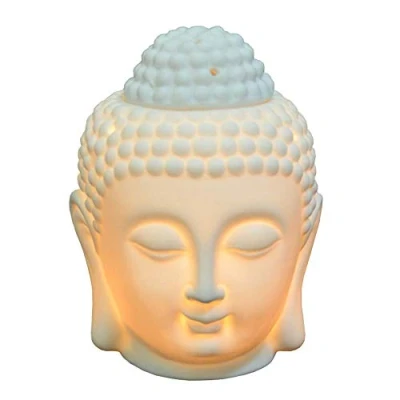 Image of Ruilasago Buddha Head Candle Oil Burner, Ceramic Translucent Statue Hollow Essential Burner Aromatherapy Diffuser Furnace Tealight Holders for Yoga Meditation Room Home Decor (White)