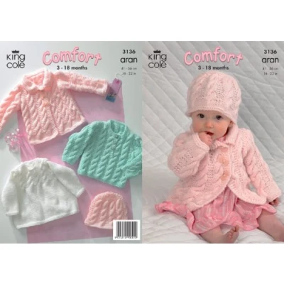 Image of King Cole Baby Coat, Dress, Sweater &amp; Hat Comfort Aran Knitting Pattern 3136