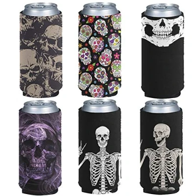 Image of Pizding 6pcs Can Cooler Sleeves Beer Blank Cover, Soft Insulated Reusable Drink Coolies Holders for Outside Activity Perfect Projects,Holidays,Sport Events,Picnic Skull Sugar Pattern