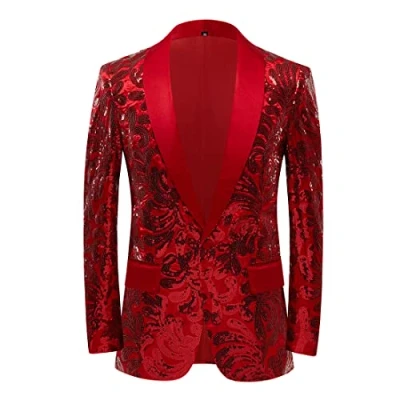 Image of PYJTRL Men Stylish Satin Face Sequins Floral Pattern Suit Jacket Blazer(Red,XL)