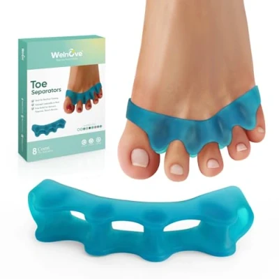 Image of Welnove 8 Pack Toe Separators, Bunion Corrector for Women/Men, Spacers, Foot Alignment Dividers to Correct Bunions, Hammertoes, Relief Restore Feet (Blue)