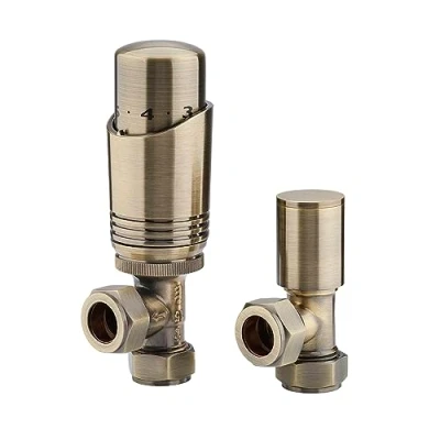 Image of Sandy Beach Antique Brass Radiator Valves, Towel Valve, Straight Thermostat Valve with Lockshield (15mm)