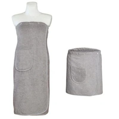Image of Carenesse sauna kilt Set form en &amp; women gray I terry cloth towel 100% cotton Oeko Tex 100 soft one size dress with flexible elastic waistband and 5 button placket patch pocket