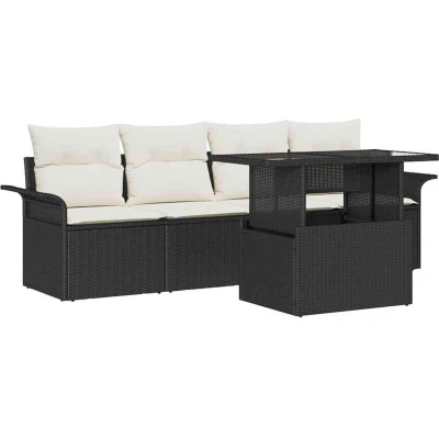 Image of vidaXL 5 Piece Garden Sofa Set with Cushions Black Poly Rattan