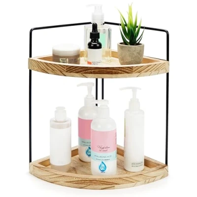 Image of BELLE VOUS 2 Tier Bathroom Counter Corner Organiser Shelf Storage Rack for Vanity/Dresser, Kitchen or Countertop Caddy Cosmetics, Makeup, Spices &amp; More