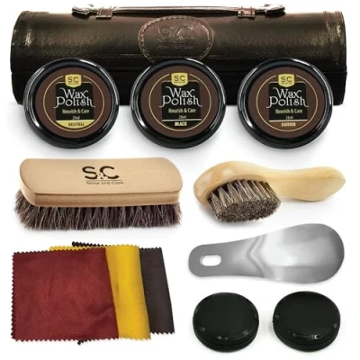 Image of Stone &amp; Clark 12PC Shoe Polish Care Kit, Leather Shine Kit with Brown Wax, Brushes for Polishing, Cloth Horn, Compact Cleaning Horse Hair PU